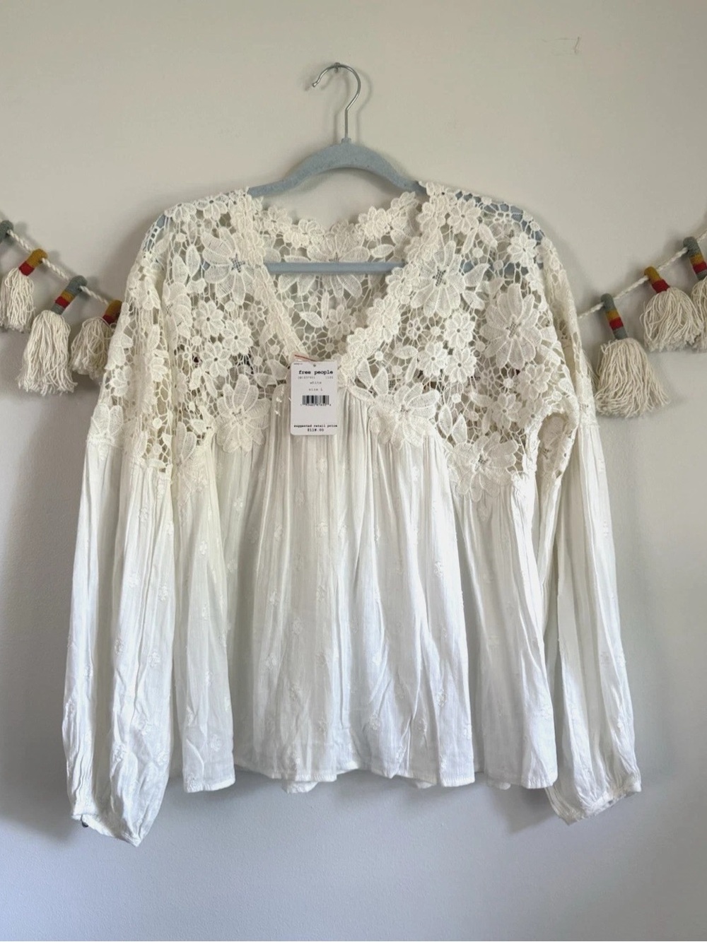 Free People Ivory Crochet Lace Peasant Blouse